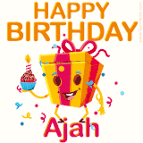A vibrant and funny gift box character with a happy face dancing with a cupcake and the text 'Happy Birthday Ajah,' surrounded by animated confetti and party vibes.