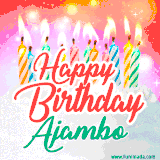 Bright birthday candles with rainbow flames on a cake, alongside the text 'Happy Birthday Ajambo' in vibrant script in this celebratory animated GIF.