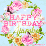 A charming animated GIF featuring 'Happy Birthday Ajambo' in pink and green text, surrounded by delicate roses, leaves, and fluttering butterflies on a soft light blue pastel background.