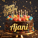 Flickering candles of different colors on top of a chocolate glaze cake with Ajani's name in elegant writing.