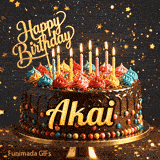 Shimmering birthday animation for Akai featuring a delicious chocolate drip cake with glowing yellow candles.