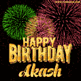 Wishing You A Happy Birthday, Akash! Best fireworks GIF animated greeting card.