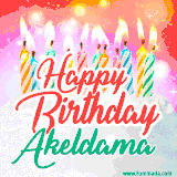 Bright birthday candles with rainbow flames on a cake, alongside the text 'Happy Birthday Akeldama' in vibrant script in this celebratory animated GIF.