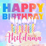 A vibrant animated name GIF with the words 'Happy Birthday Akeldama' with colorful candles on a creamy cake. The background sparkles with pastel shades, adding a festive touch.