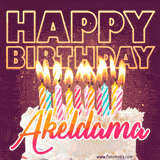 A colorful birthday cake topped with lit candles, with the words 'Happy Birthday Akeldama' in bold glowing letters on a burgundy background. Animated flames add a festive touch.
