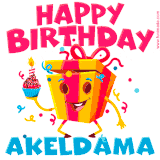 A vibrant and funny gift box character with a happy face dancing with a cupcake and the text 'Happy Birthday Akeldama,' surrounded by animated confetti and party vibes.