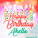 Bright birthday candles with rainbow flames on a cake, alongside the text 'Happy Birthday Akello' in vibrant script in this celebratory animated GIF.