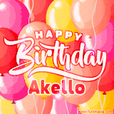 A vibrant name GIF featuring colorful balloons in shades of pink, orange, and yellow with the bold text 'Happy Birthday Akello' in festive fonts, creating a lively birthday vibe.