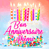 A white birthday cake covered in colorful sprinkles, topped with bright candles, and French text 'Bon Anniversaire Akemi' on a pastel gradient background in an animated GIF.