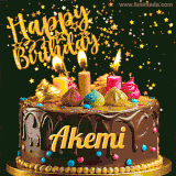 A delightful chocolate birthday cake with bright candles and 'Happy Birthday Akemi' written in gold amidst a shower of animated stars.