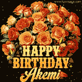 Animated bouquet of orange roses with moving butterfles and golden 'Happy Birthday Akemi' text, surrounded by sparkling accents and a dark backdrop for a luxurious feel.