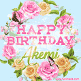 A charming animated GIF featuring 'Happy Birthday Akemi' in pink and green text, surrounded by delicate roses, leaves, and fluttering butterflies on a soft light blue pastel background.