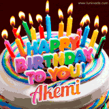 A colorful birthday cake topped with lit candles, with the words 'Happy Birthday Akemi' in bold glowing letters on a burgundy background. Animated flames add a festive touch.