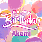 A vibrant name GIF featuring colorful balloons in shades of pink, orange, and yellow with the bold text 'Happy Birthday Akemi' in festive fonts, creating a lively birthday vibe.