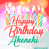 Bright birthday candles with rainbow flames on a cake, alongside the text 'Happy Birthday Akeneki' in vibrant script in this celebratory animated GIF.