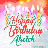Bright birthday candles with rainbow flames on a cake, alongside the text 'Happy Birthday Aketch' in vibrant script in this celebratory animated GIF.