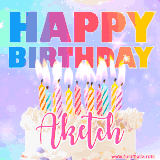 A vibrant animated name GIF with the words 'Happy Birthday Aketch' with colorful candles on a creamy cake. The background sparkles with pastel shades, adding a festive touch.