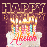 A colorful birthday cake topped with lit candles, with the words 'Happy Birthday Aketch' in bold glowing letters on a burgundy background. Animated flames add a festive touch.
