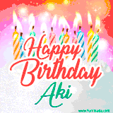 Bright birthday candles with rainbow flames on a cake, alongside the text 'Happy Birthday Aki' in vibrant script in this celebratory animated GIF.