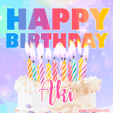 A vibrant animated name GIF with the words 'Happy Birthday Aki' with colorful candles on a creamy cake. The background sparkles with pastel shades, adding a festive touch.