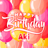 A vibrant name GIF featuring colorful balloons in shades of pink, orange, and yellow with the bold text 'Happy Birthday Aki' in festive fonts, creating a lively birthday vibe.