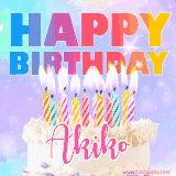 A vibrant animated name GIF with the words 'Happy Birthday Akiko' with colorful candles on a creamy cake. The background sparkles with pastel shades, adding a festive touch.