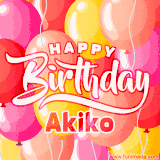A vibrant name GIF featuring colorful balloons in shades of pink, orange, and yellow with the bold text 'Happy Birthday Akiko' in festive fonts, creating a lively birthday vibe.