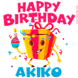 A vibrant and funny gift box character with a happy face dancing with a cupcake and the text 'Happy Birthday Akiko,' surrounded by animated confetti and party vibes.
