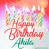 Bright birthday candles with rainbow flames on a cake, alongside the text 'Happy Birthday Akila' in vibrant script in this celebratory animated GIF.