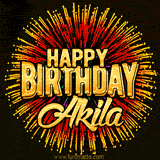 Golden 'Happy Birthday Akila' text accompanied by animated rainbow fireworks for a festive animated greeting.