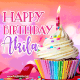 A vibrant birthday GIF featuring a rainbow-colored cupcake topped with white frosting, sprinkles, and a lit candle. The text reads 'Happy Birthday Akila' in bold pink and violet letters with white outline.