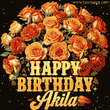 Animated bouquet of orange roses with moving butterfles and golden 'Happy Birthday Akila' text, surrounded by sparkling accents and a dark backdrop for a luxurious feel.