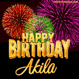A golden 'Happy Birthday Akila' message with vibrant fireworks in the background, creating a festive and celebratory vibe in this animated name GIF.