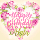 A stunning heart made of pink roses surrounds the elegant script text 'Happy Birthday Akila' on a soft beige background. Animated sparkles add a magical and festive feel.