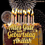 A chocolate birthday cake with glowing candles, the German text 'Alles Gute zum Geburtstag Akilah,' and vibrant fireworks lighting up the background in an animated GIF.
