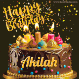 A delightful chocolate birthday cake with bright candles and 'Happy Birthday Akilah' written in gold amidst a shower of animated stars.