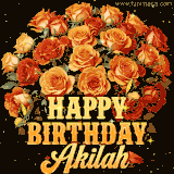 Animated bouquet of orange roses with moving butterfles and golden 'Happy Birthday Akilah' text, surrounded by sparkling accents and a dark backdrop for a luxurious feel.