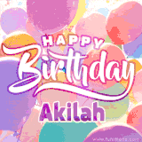 A vibrant name GIF featuring colorful balloons in shades of pink, orange, and yellow with the bold text 'Happy Birthday Akilah' in festive fonts, creating a lively birthday vibe.