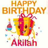 A vibrant and funny gift box character with a happy face dancing with a cupcake and the text 'Happy Birthday Akilah,' surrounded by animated confetti and party vibes.