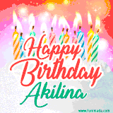 Bright birthday candles with rainbow flames on a cake, alongside the text 'Happy Birthday Akilina' in vibrant script in this celebratory animated GIF.