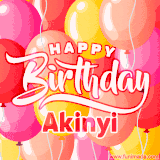 A vibrant name GIF featuring colorful balloons in shades of pink, orange, and yellow with the bold text 'Happy Birthday Akinyi' in festive fonts, creating a lively birthday vibe.