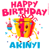 A vibrant and funny gift box character with a happy face dancing with a cupcake and the text 'Happy Birthday Akinyi,' surrounded by animated confetti and party vibes.