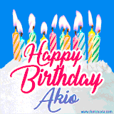 A cheerful animated GIF featuring colorful lit birthday candles on a white cake, with the text 'Happy Birthday Akio' in bold red and blue script on a bright blue background.