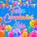 A vibrant animated GIF with 'Feliz Cumpleaños Akio' written in colorful script, surrounded by balloons, confetti, and bunting on a bright blue background.