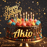 A customized birthday ecard for Akio displaying a rich chocolate cake with a sparkly dark background.