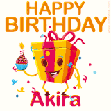 A vibrant and funny gift box character with a happy face dancing with a cupcake and the text 'Happy Birthday Akira,' surrounded by animated confetti and party vibes.