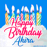 A cheerful animated GIF featuring colorful lit birthday candles on a white cake, with the text 'Happy Birthday Akira' in bold red and blue script on a bright blue background.