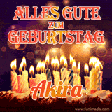 An animated GIF featuring 'Alles Gute Zum Geburtstag Akira' in glowing red and gold letters above a cake with colorful lit candles, set against a festive sparkling background.