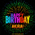 A colorful animated GIF featuring the text 'Happy Birthday Akira!' in rainbow colors with a dynamic iridescent firework display in the background.