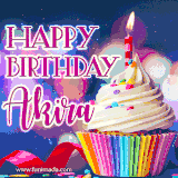 A festive animated GIF featuring a colorful cupcake with a single lit candle, sprinkles, and 'Happy Birthday Akira' text against a sparkling, celebratory background.